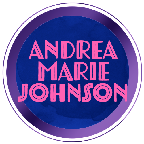 Andrea Marie Johnson in a pink art deco style font with double purple circles and a blue background circle