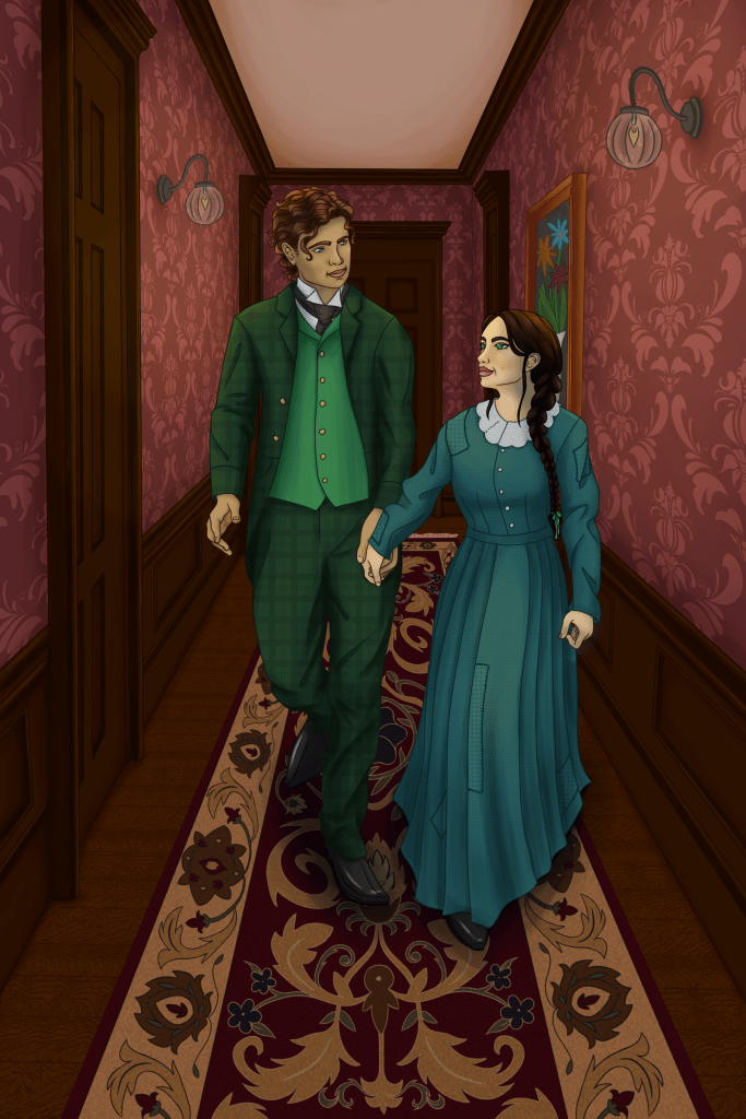 Cover art for Shadows in the Hall. Two Victorian people walk down a hallway